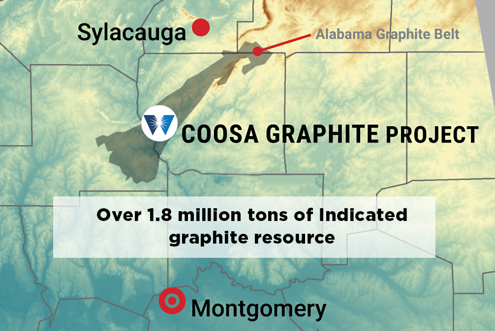 Map showing location of Alabama Graphite property north of Montgomery Alabama and the potential of over 1.8 million tons of Indicated graphite resource
